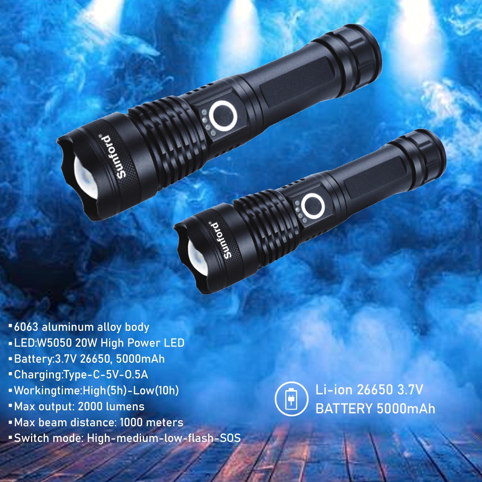 Picture of Sunford SF-454Z Telescopic Zoomable 20W High Powered Zoom Torch / Flash Light - 1 Piece