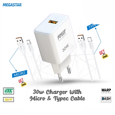 Picture of 30W Fast Charger & Type C, Micro USB Cable Bundle (VOOC DART WARP DASH Support) White