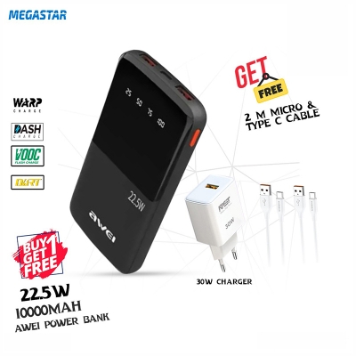 Picture of Awei 10000mAh 22.5W Fast Charge Power Bank with Charger Cable Bundle (P10K) Black