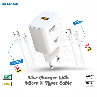 Picture of MST Fast Charger 45W  with Type C & Micro USB Cable Bundle (VOOC DART WARP DASH Support) White