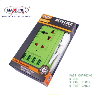 Picture of Maxline Universal Travel Fast Charging Multiplug with 4 USB Port and 5 Pin Socket and 6 Feet Long Cable- Multicolor
