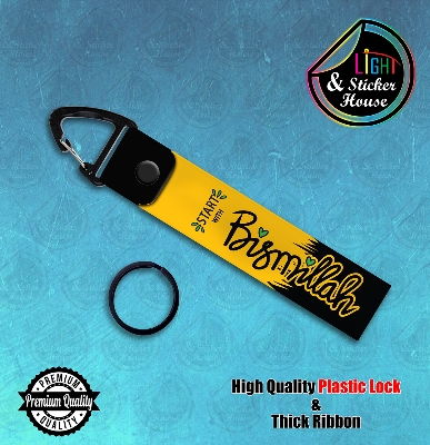 Picture of Key ring For Bike user ---- Start With Bismillah_Yellow_Curving ---- Premium Quality & Plastic lock (Attachable to keys for bike, car, bag, home, and office keys)