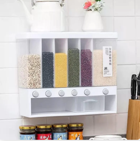 Picture of Rice Dispenser Large 6 Grid 10L Rice Wall Mounted Grain Container Storage Cereal Dispenser Pressed Sealed Dry Food Soybean Corn Storage Bin for Home Kitchen