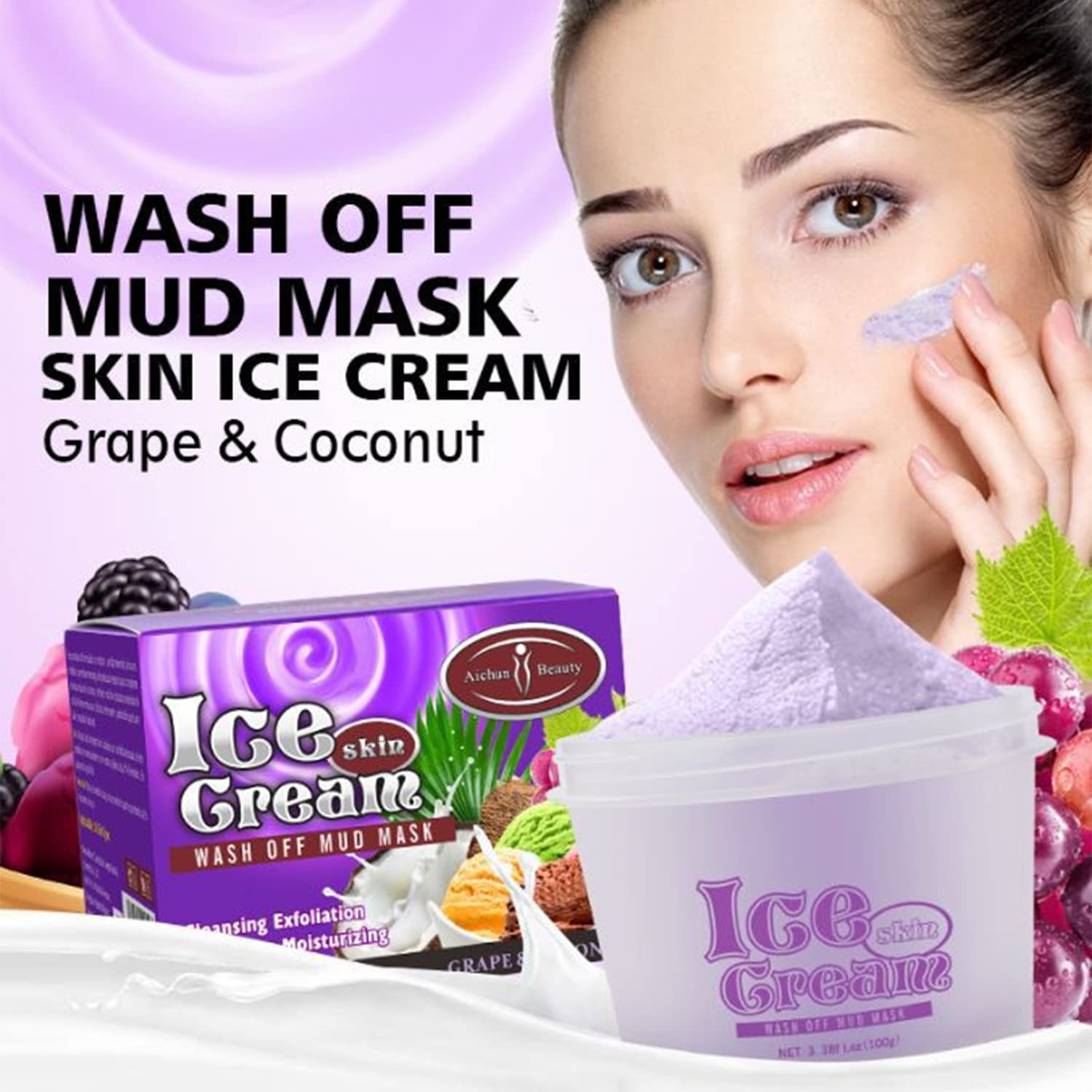 Picture of AICHUN BEAUTY Ice Cream Facial Wash Off Mud Mask Oil-Control Deep Cleaning Moisturizing Exfoliation Blackhead Skin Care 100g 3.38FL. OZ (GRAPE&COCONUT)