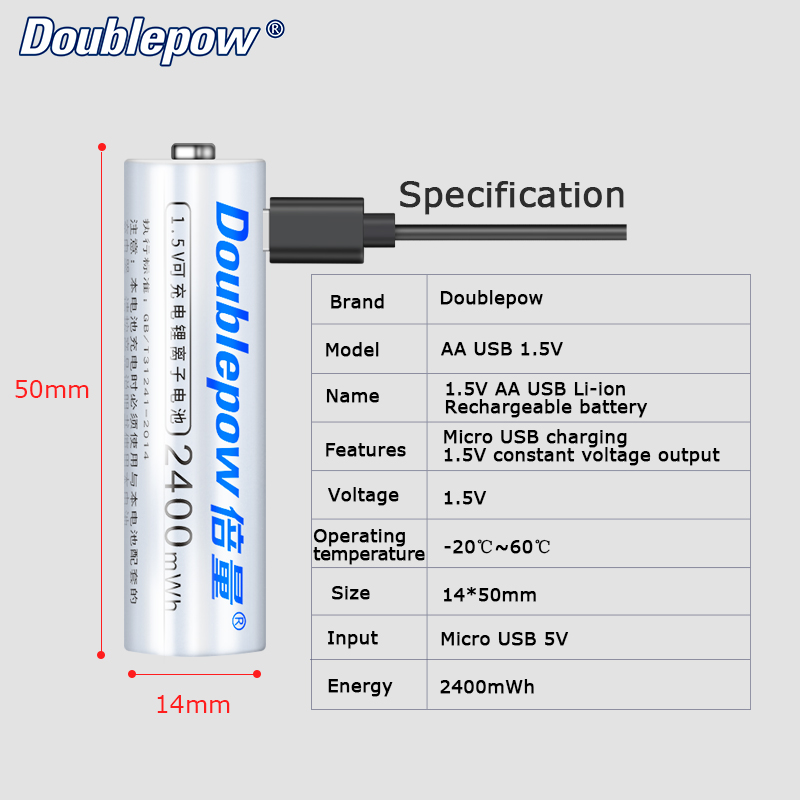Picture of Doublepow AA Size 1.5V 2400mWh Li-ion Rechargeable Battery with Built-in USB Type-C Fast Charging & LED Indicator Facility - 4 Pieces Pack ( White )