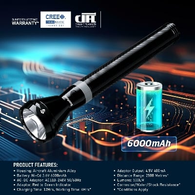 Picture of Sunford SF-4426SL-3D Long Range Rechargeable Flashlight / Torch Light - 1 Piece ( Black )