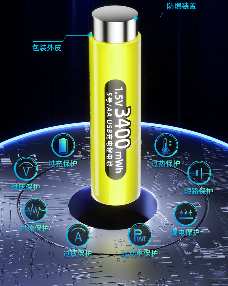 Picture of Doublepow AA Size 1.5V 3400mWh Big Capacity High Performance Rechargeable Lithium-ion Battery with Built-in USB Type-C Fast Charging & LED Indicator Facility - 2 Pieces Pack ( Yellow )