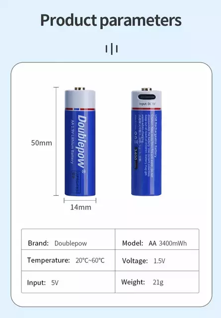 Picture of Doublepow AA Size 1.5V 3400mWh Big Capacity High Performance Rechargeable Lithium-ion Battery with Built-in USB Type-C Fast Charging & LED Indicator Facility - 2 Pieces Pack ( Yellow )