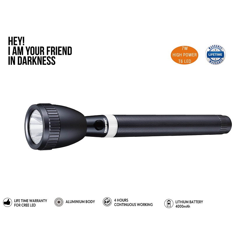 Picture of GEEPAS Original GFL3803N Rechargeable LED Flashlight (Torch Light Body Color : Grey), Portable & Lightweight | 2×18650  3.7V  5000mAh Li-ion Rechargeable Battery | 4hrs* Working | Ideal for Indoor & Outdoor Activities | Powerful Torch - 1 Piece ( oxidation )