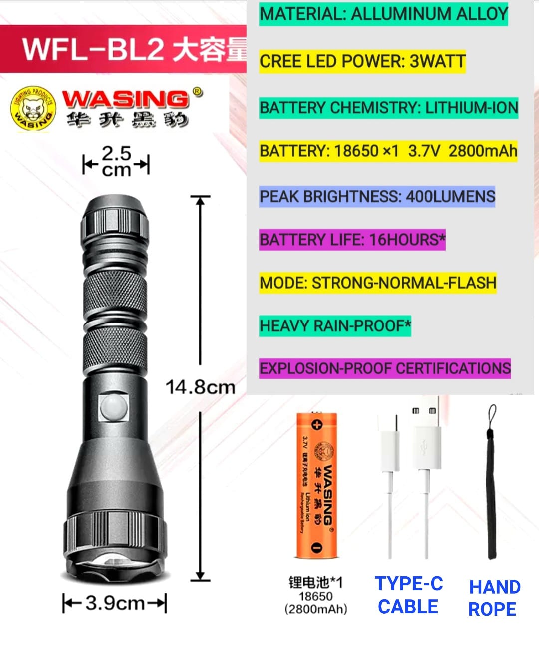 Picture of WASING WFL-BL2 Explosion-proof Multi-function Rechargeable Strong Beam Flashlight with Super Bright Long-range Torch Light for Industry, Warehouse, Factory Security, Steel Re-rolling Mills etc  & Personal Safety Use - 1 Piece ( Grey )