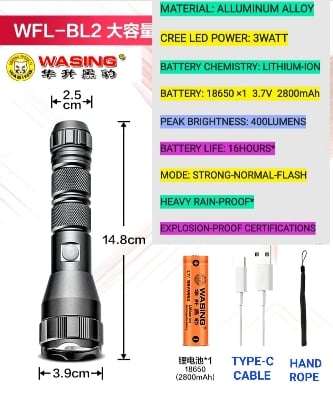 Picture of WASING WFL-BL2 Explosion-proof Multi-function Rechargeable Strong Beam Flashlight with Super Bright Long-range Torch Light for Industry, Warehouse, Factory Security, Steel Re-rolling Mills etc  & Personal Safety Use - 1 Piece ( Grey )