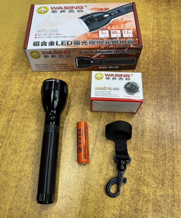 Picture of WASING WFL-203 Outdoor Patrol Self-defense Rechargeable Super Bright 5W LED Flashlight Long-range Strong Beam Mini Torch Light- 1 Piece ( Black )