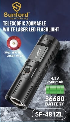 Picture of Sunford SF-481ZL Telescopic Zoomable 30W High Powered LED Zoom Torch / Flashlight with Power Bank Facility - 1 Piece ( Black )