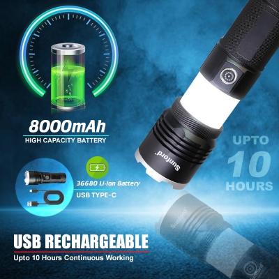 Picture of Sunford SF-480ZE Telescopic Zoomable 30W High Powered Zoom Torch / Flashlight with Power Bank and Emergency Light Facility - 1 Piece ( Black )