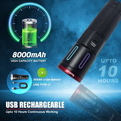 Picture of Sunford SF-485ZL LED Display Telescopic Zoomable 30W High Powered LED Zoom Torch / Flashlight with Power Bank Facility - 1 Piece ( Black )