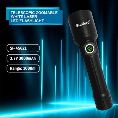 Picture of Sunford SF-456ZL Telescopic Zoomable Flashlight with 20W High Powered White LASER LED Zoom Torch / Flash Light  - 1 Piece ( Black )