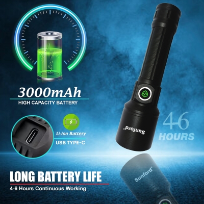 Picture of Sunford SF-456ZL Telescopic Zoomable Flashlight with 20W High Powered White LASER LED Zoom Torch / Flash Light  - 1 Piece ( Black )