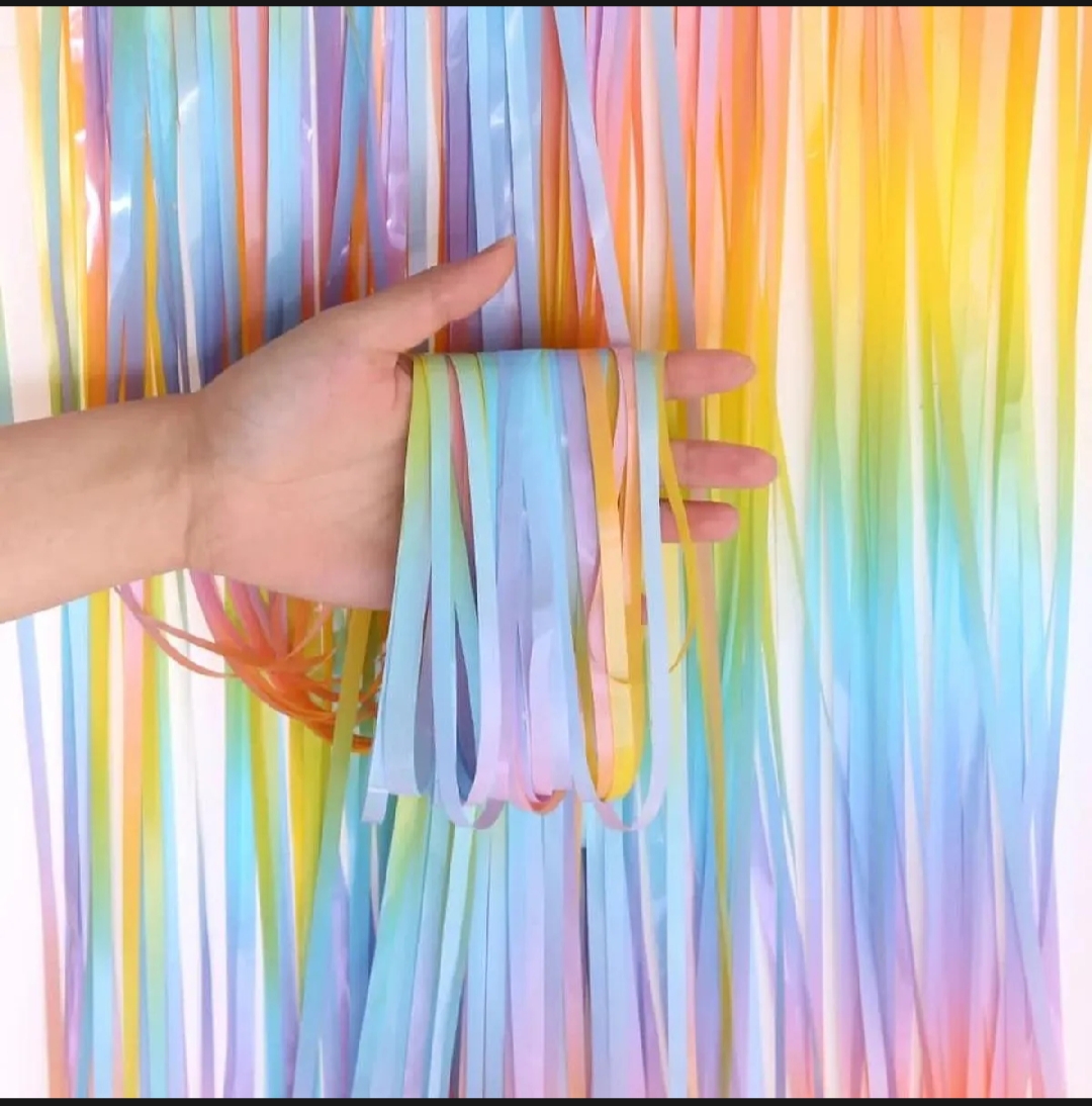 Picture of Rainbow Gradient Colorful Metallic Foil Fringe Curtain Pastel Candy Colored Metallic Tinsel Curtain Backdrop for Birthday Party Baby Shower Party Decoration