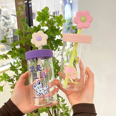 Picture of New 550ml Small flower straw cap layer borosilicate glass cup cartoon water cup straw cold drink cola beverage cup milk tea milk single layer cup with lid and straw(purple 550ml)
