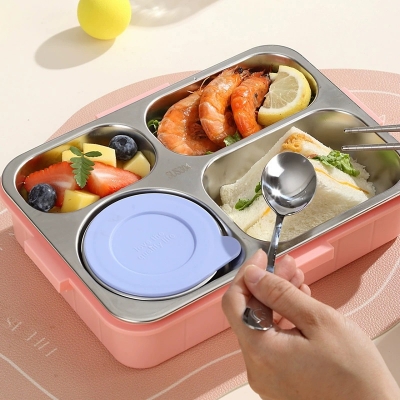 Picture of New Children's school cartoon lunch box with tableware independent four-grid sealed  lunch box small meal lunch box with spoon and chopstick(mermaid secret)