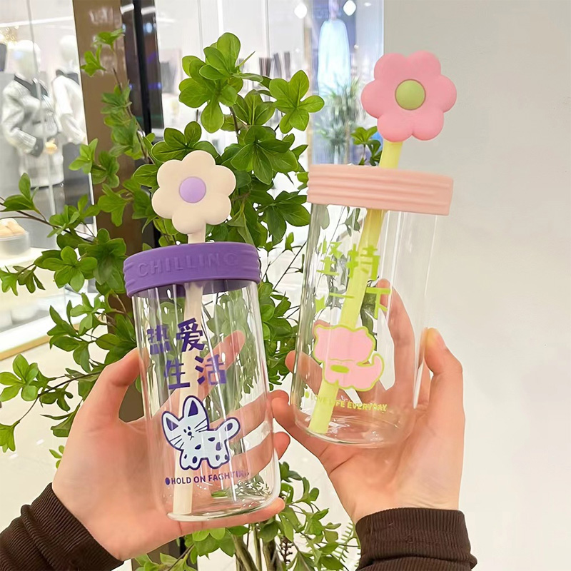 Picture of New 550ml Small flower straw cap layer borosilicate glass cup cartoon water cup straw cold drink cola beverage cup milk tea milk single layer cup with lid and straw(purple 550ml)