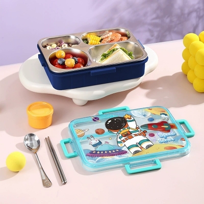 Picture of New Children's school cartoon lunch box with tableware independent four-grid sealed  lunch box small meal lunch box with spoon and chopstick(space secret)