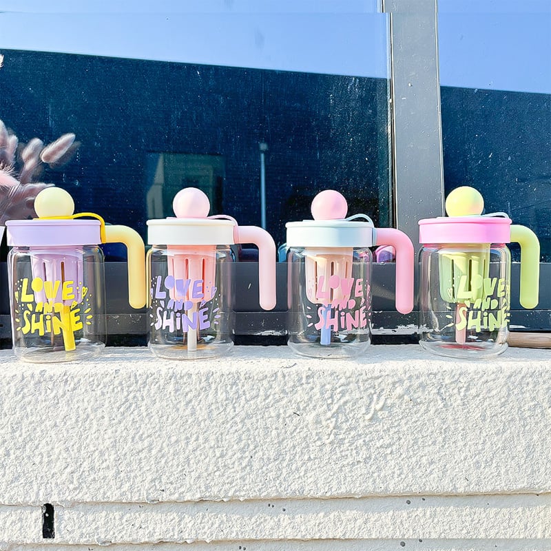 Picture of NEW 650ml Glass cup new high borosilicate handled coffee cup glass water cup cold drink cola beverage cup milk tea milk single layer cup with straw cap(Multicolor 1 pcs)