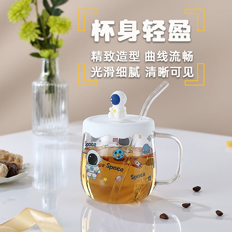 Picture of Creative printed glass straw cup with lid high borosilicate glass heat-resistant mug(astronaut print)