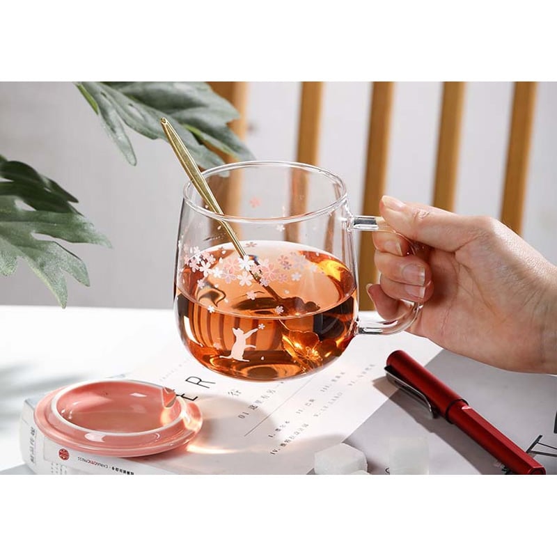 Picture of Creative transparent pot belly cup Japanese flower scale tea cup mug with lid and spoon high borosilicate milk coffee cup - Coffee Mug, WATER MUG(1pcs flower design)