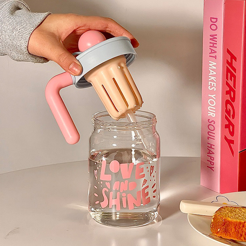 Picture of 550ml Small flower straw cap layer borosilicate glass cup cartoon water cup straw cold drink cola beverage cup milk tea milk single layer cup with lid and straw(650ml 1 pcs)