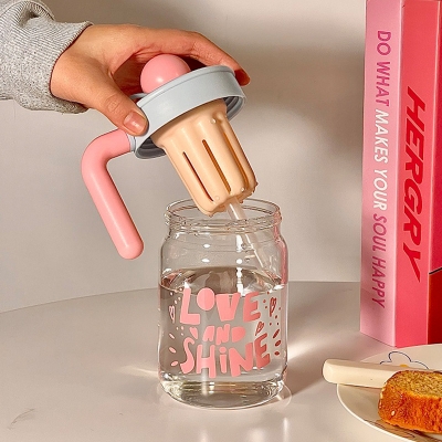 Picture of 550ml Small flower straw cap layer borosilicate glass cup cartoon water cup straw cold drink cola beverage cup milk tea milk single layer cup with lid and straw(650ml 1 pcs)