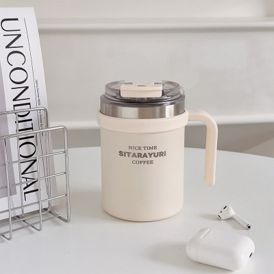 Picture of 304 coated hot and cold stainless steel drinking cup, anti-fall, anti-scalding, large-capacity mug, office cup, 500ml(500ml stel straw mug)