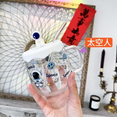 Picture of Creative printed glass straw cup with lid high borosilicate glass heat-resistant mug(astronaut print 500)