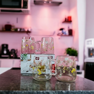 Picture of 520ml Heat-resistant thickened  glass cup with simple large-capacity drinking cup tea cup household transparent cup men and women tea 4pcs  set(borosilicate mug floral design 520ml)