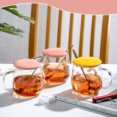 Picture of Creative transparent pot belly cup Japanese flower scale tea cup mug with lid and spoon high borosilicate milk coffee cup - Coffee Mug, WATER MUG(1pcs flower design)