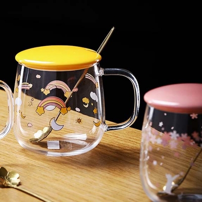 Picture of Creative transparent pot belly cup Japanese flower scale tea cup mug with lid and spoon high borosilicate milk coffee cup - Coffee Mug, WATER MUG(1 pcs rainbow design)
