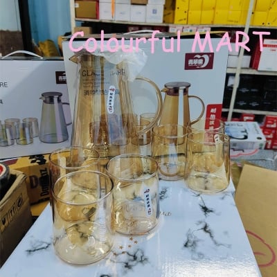Picture of 6pcs cup 1 pcs jug BOROSILICATE TUMBLER AND PITCHER 7 pcs SET(7pcs jug set golden)