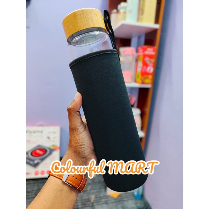 Picture of glass Water Bottle with Time Marker Creative Large Capacity Leakproof Drink Bottle(1000ml wooden lid)