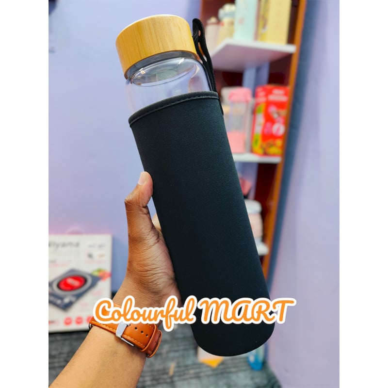 Picture of New 1000ml glass Water Bottle with Time Marker Creative Large Capacity Leakproof Drink Bottle(wooden lid 1000ml)