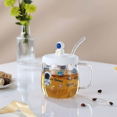 Picture of 1/2 pcs Creative cartoon printed milk cup hot high borosilicate glass large capacity graduated cup colorful glass set(cartoon mug new 1 pcs 500ml)