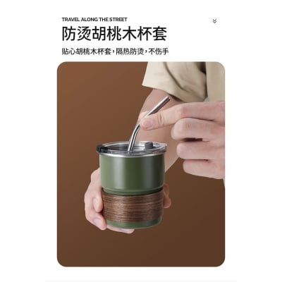 Picture of 600ml American ins style double layer stainless steel coffee cup insulated cup straw cup home office men and women portable cup bottle(black 400ml)