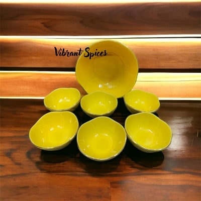 Picture of new Excusive Desing 7 Pcs Sweet Bowl Set Including Serving Dish , Oven Proof porcelain Ceramic Porcelain Snack Bowl Set,Ceramic Firni Set & bati, Soup & Firni Bati(7pcs set yellow)