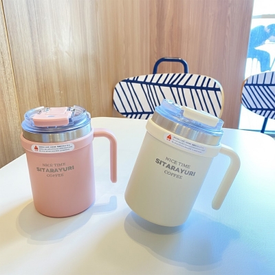 Picture of 1 pcs Stainless Steel Coffee Mug Portable Tea Coffee Milk Cup Thermal Insulation Brief Anti-Fall Cappuccino Latte Mugs(500ml with straw)