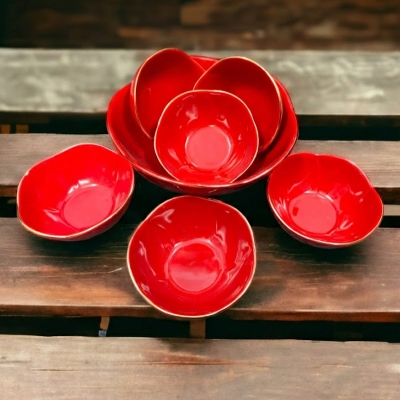 Picture of new Excusive Desing 7 Pcs Sweet Bowl Set Including Serving Dish , Oven Proof porcelain Ceramic Porcelain Snack Bowl Set,Ceramic Firni Set & bati, Soup & Firni Bati(7pcs set red)