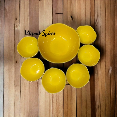 Picture of new Excusive Desing 7 Pcs Sweet Bowl Set Including Serving Dish , Oven Proof porcelain Ceramic Porcelain Snack Bowl Set,Ceramic Firni Set & bati, Soup & Firni Bati(7pcs set yellow)