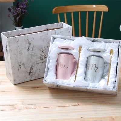 Picture of Luxury Coffee Mug Breakfast Milk Coffee Tea Cup Marble Gold Plating MRS MR Ceramic Mug Pink Blue Drinkware Couple Lover's Gift - Coffee Mug(Multicolor)