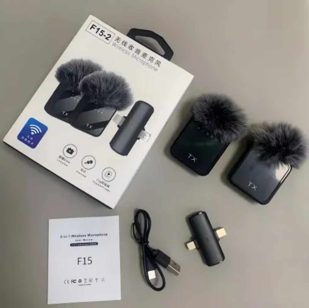 Picture of F15-2 Wireless Microphone | 2-in-1 Collar Mic for Android & iPhone | Noise Reduction Lavalier Clip-On Mic for Recording & Vlogging - Black