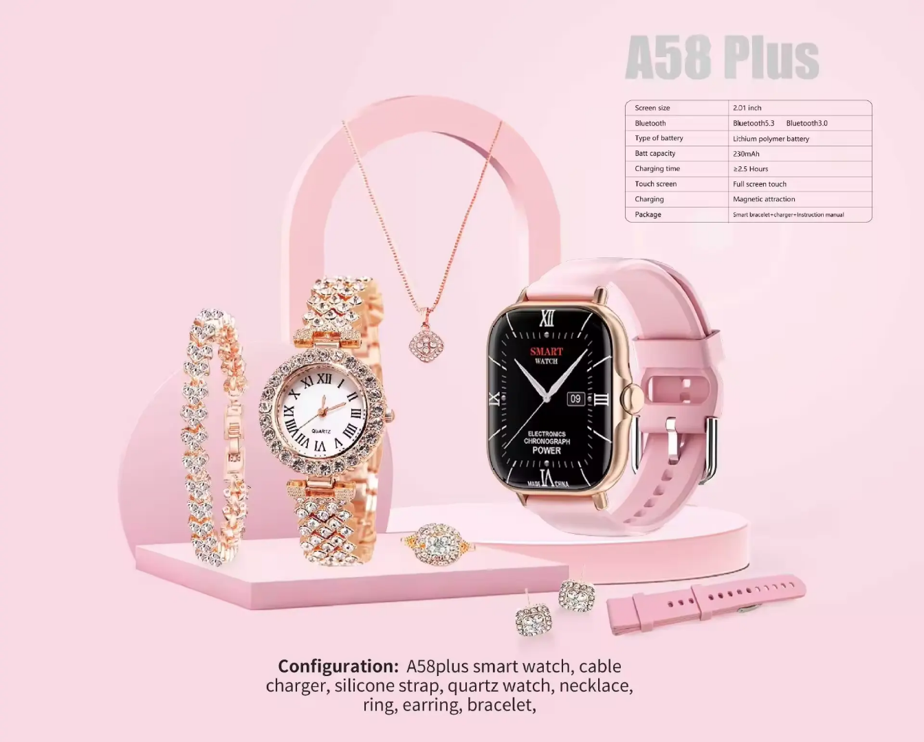 Picture of A58 Plus Smartwatch | 2.02" Big Screen | Magnetic Charging Bracelet | Heart Rate & Sports Tracker | Jewelry Style for Women - Multicolor