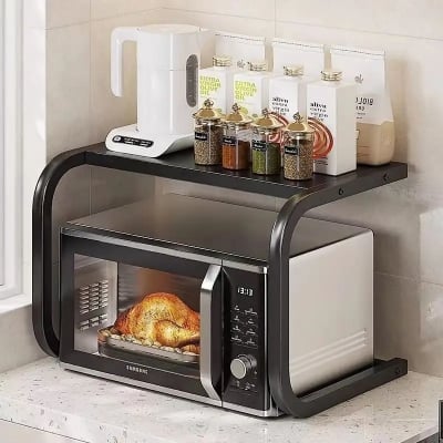 Picture of Hot Sale 2-Tier Expandable Microwave Oven Rack | Durable Steel & Plastic Countertop Shelf | Kitchen & Bathroom Organizer - Black
