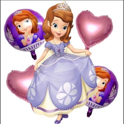 Picture of 5 Pcs Sofia Princess Character Foil Balloon - 5 Pcs of Foil Balloon - 1 Sofia Princess character, 2 Pink Heart shape, 2 round shape balloon for birthday theme Decoration